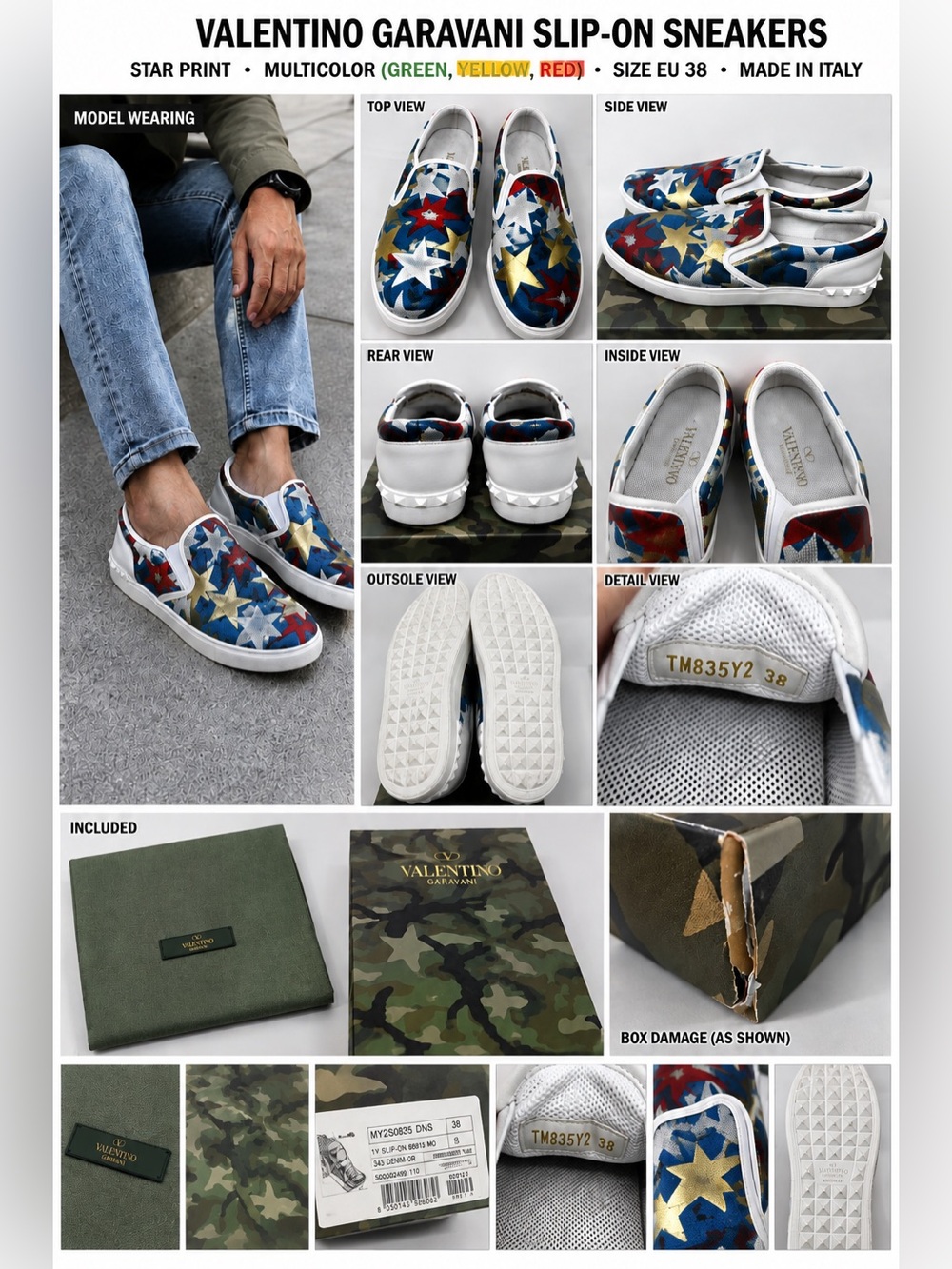 Valentino Garavani Star Print Slip-On Sneakers EU 38 Denim Multicolor Rockstud
